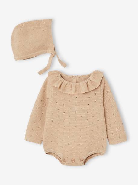 Baby-Set: Strick-Kurzoverall mit langen Ärmeln & Mütze Oeko-Tex beige meliert 