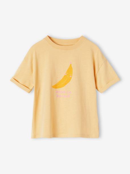 Tee-shirt motif pop fille manches courtes à revers abricot+jaune pâle 