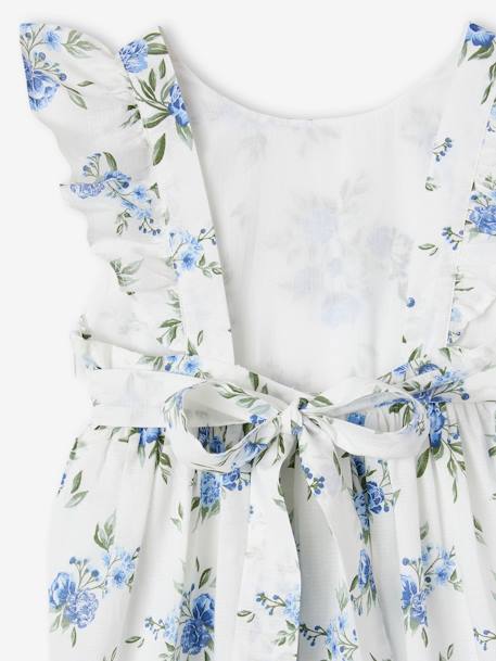 Robe cérémonie à volants motifs fleurs fille bleu imprimé+vanille 