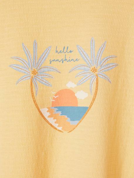 Tee-shirt maille reliéfée imprimé fille corail+jaune pastel 