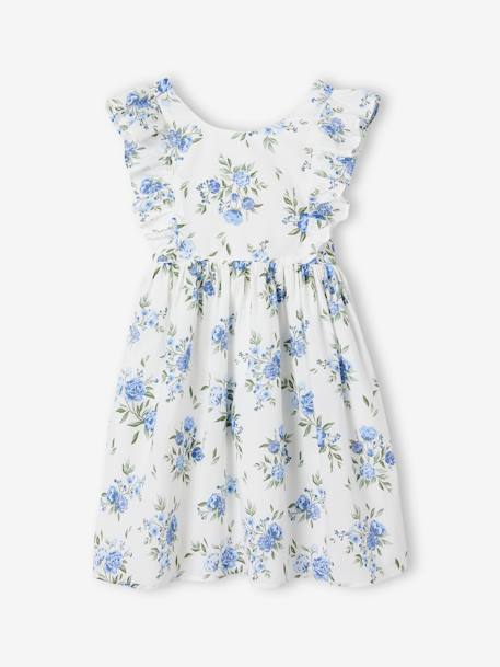 Robe cérémonie à volants motifs fleurs fille bleu imprimé+vanille 