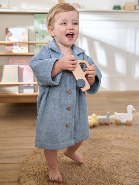 Baby Bademantel mit Recycling-Baumwolle, personalisierbar beige+blau chambray+terrakotta 