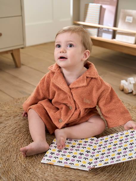 Baby Bademantel mit Recycling-Baumwolle, personalisierbar beige+blau chambray+terrakotta 