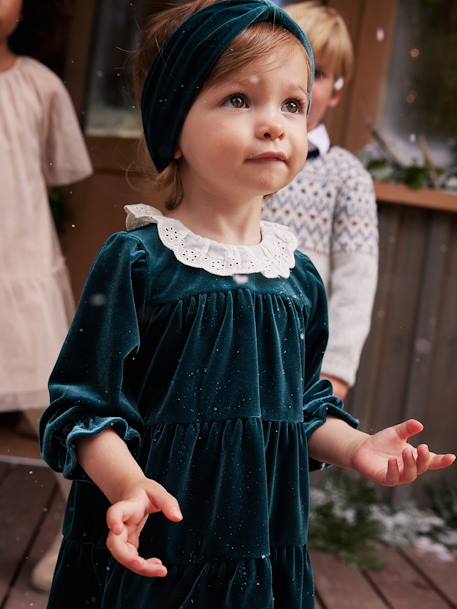 Coffret cadeau de Noël robe velours + bandeau bébé fille vert émeraude 