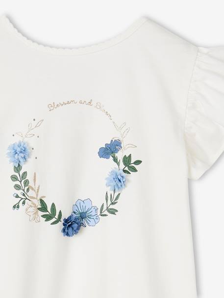 Tee-shirt couronne fleurs en relief et paillettes fille écru 