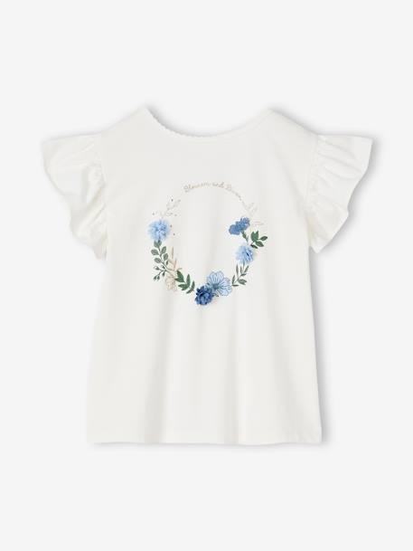 Tee-shirt couronne fleurs en relief et paillettes fille écru 