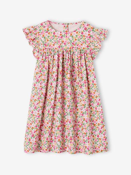 Robe imprimée fille manches courtes à volants écru+rose pâle+vert sapin 