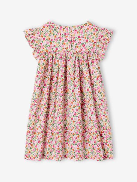 Robe imprimée fille manches courtes à volants écru+rose pâle+vert sapin 