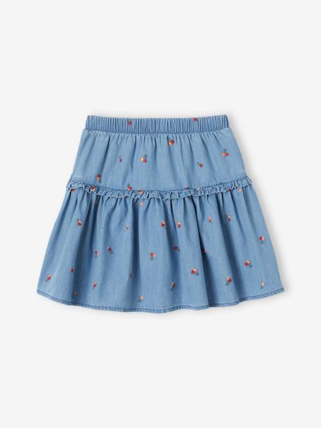 Jupe brodée cerises en denim léger fille stone 