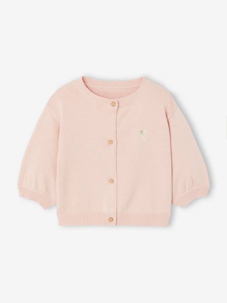 Cardigan basics en tricot bébé broderie coeur blanc+rose poudré 