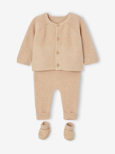 Baby Strick-Set: Strickjacke, Hose & Schühchen Oeko-Tex beige meliert 