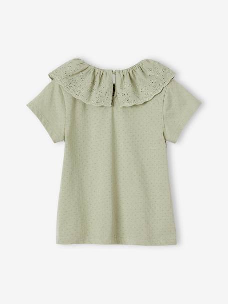 T-shirt à collerette en broderie anglaise fille écru+vert sauge+vieux rose 