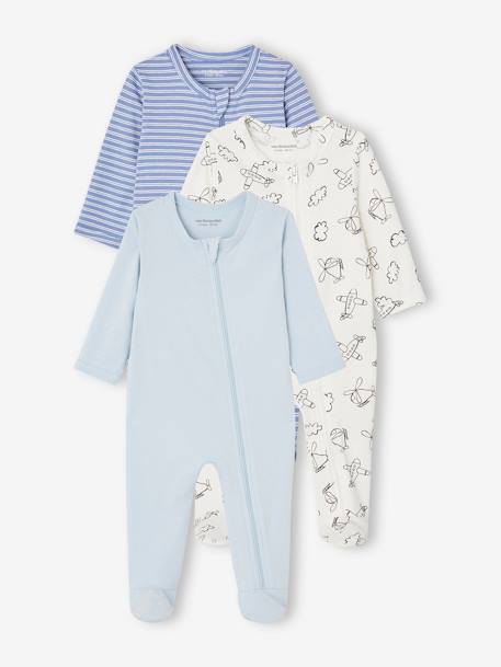 Lot de 3 pyjamas bébé en jersey ouverture zippée BASICS bleu chambray+cappuccino 