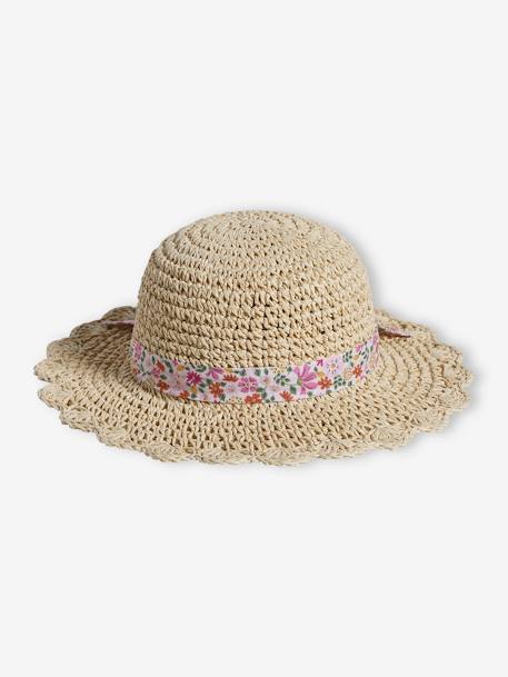 Chapeau aspect paille effet crochet avec ruban imprimé fille rose pâle 