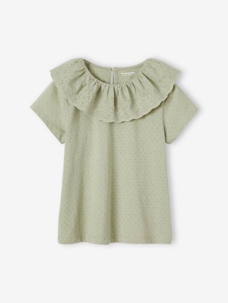 T-shirt à collerette en broderie anglaise fille écru+vert sauge+vieux rose 