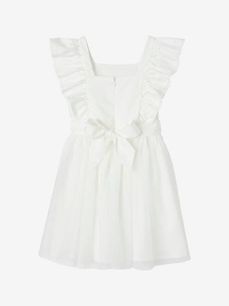 Robe de cérémonie à volants fille en gaze de coton et tulle écru 