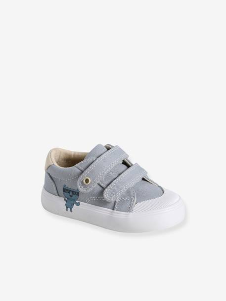 Baby Stoffsneakers mit Klettriemchen beige bedruckt+hellblau 