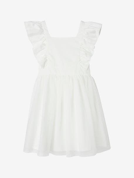 Robe de cérémonie à volants fille en gaze de coton et tulle écru 