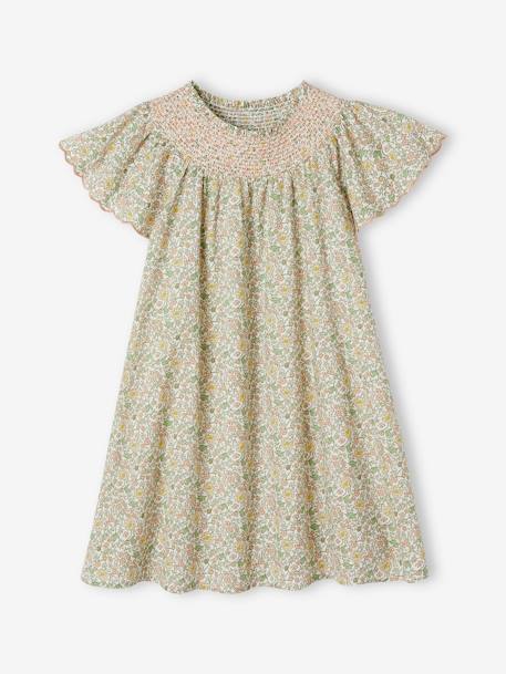 Robe fleurie à smocks cérémonie fille manches papillon vanille 