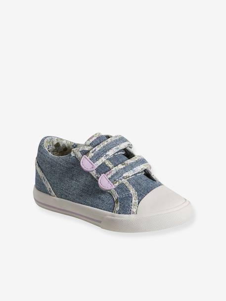 Mädchen Sneakers mit Klett, Anzieh-Trick hellblau+jeansblau+rosa bedruckt+weiß/gelb geblümt 