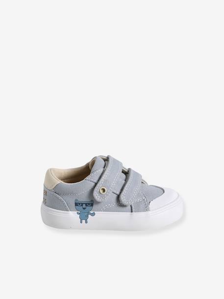 Baby Stoffsneakers mit Klettriemchen beige bedruckt+hellblau 