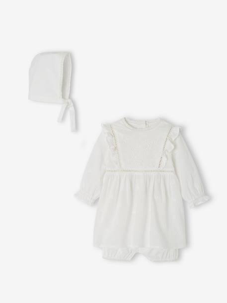 Ensemble cérémonie bébé : robe, bloomer et béguin blanc 