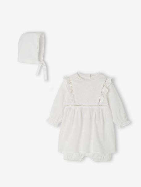 Festliches Baby-Set: Kleid, Spielhose & Mütze weiss 