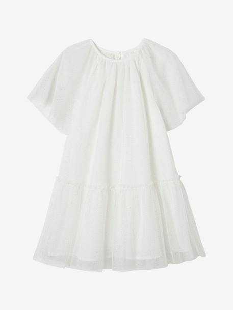 Robe cérémonie en tulle à paillettes fille manches papillon beige poudré+écru 