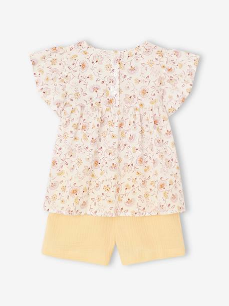 Ensemble blouse à fleurs et short en gaze de coton fille jaune pastel+vanille 