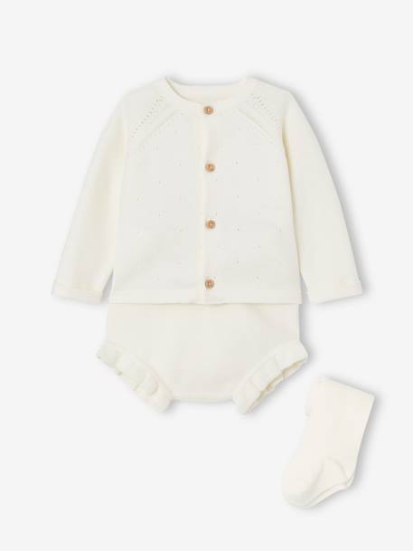 Ensemble 3 pièces en tricot : cardigan, bloomer et collants naissance écru 