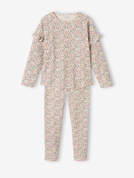 Pyjama fille en maille côtelée imprimé fleuri écru 