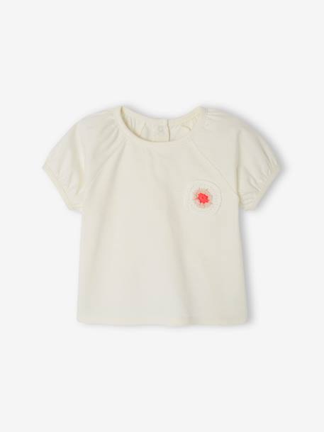 Baby T-Shirt mit Häkelblume Oeko-Tex wollweiß 