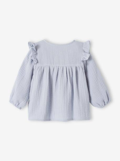 Blouse à volants bébé en gaze de coton bleu glacier+vieux rose 