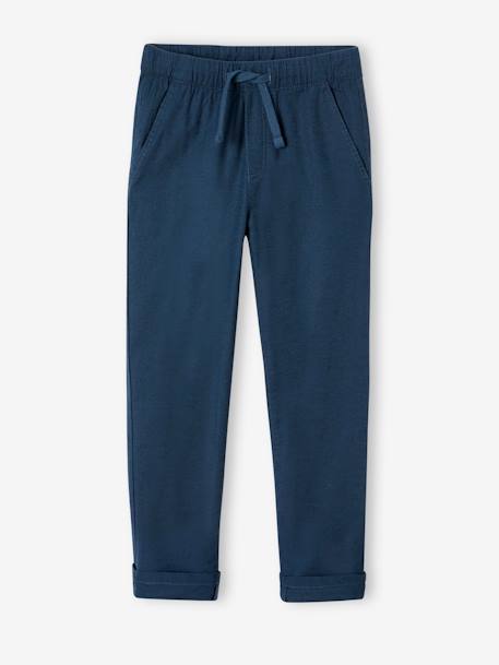 Pantalon léger garçon en coton/lin bleu nuit+noisette+vert sauge 