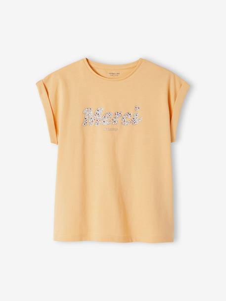 Mädchen T-Shirt, Blumen-Schriftzug ecru+hellgelb+himmelblau 