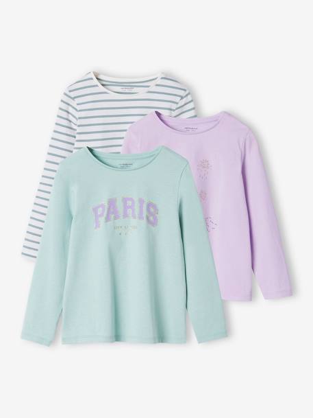 3er-Pack Mädchen Shirts graublau+mandelgrün+marine+pack weiß 