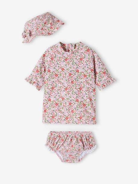 Ensemble de bain anti-UV T-shirt + culotte + bob bébé fille rose 