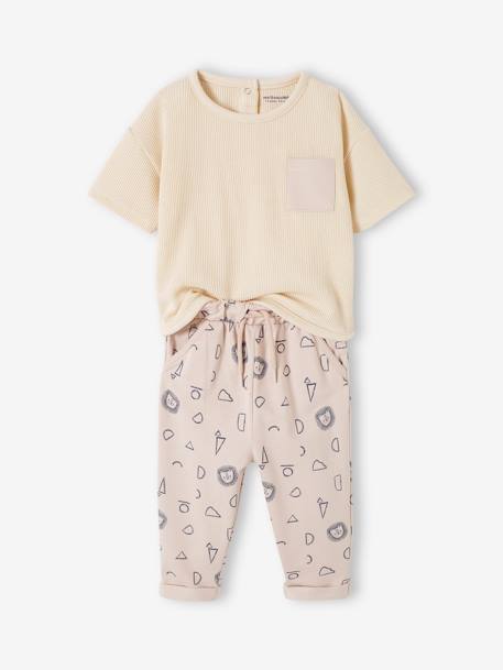 Ensemble T-shirt en nid d'abeille et pantalon en molleton bébé écru 