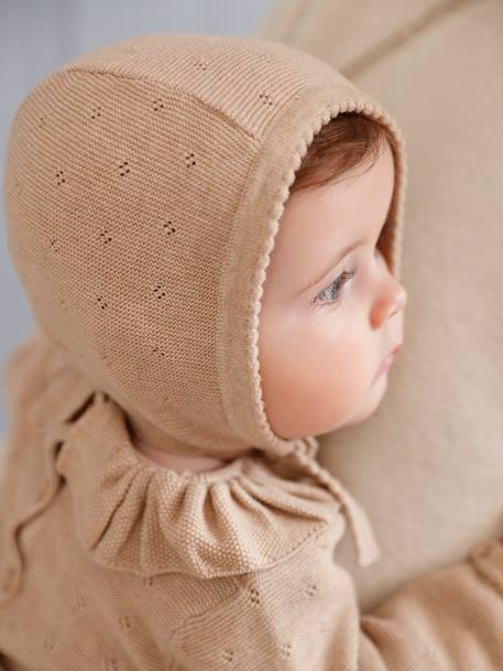 Barboteuse en tricot bébé manches longues et son béguin beige chiné 