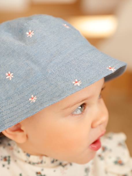 Mädchen Baby Sonnenhut mit Blumenstickereien jeansblau 