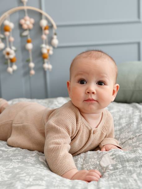 Ensemble 3 pièces en tricot : cardigan, pantalon et chaussons naissance beige chiné 