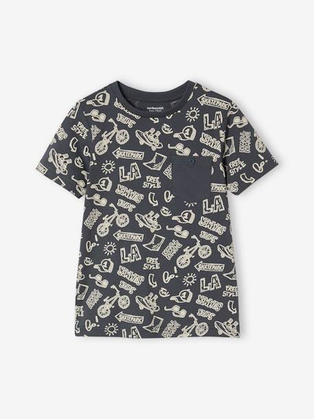 Jungen T-Shirt, Print und Brusttasche anthrazit+dunkelblau+moosgrün+pekannuss+terrakotta+weiß meliert+zimt 