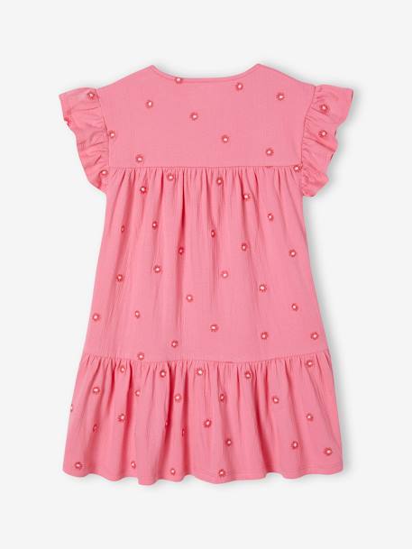 Robe brodée fleurs fille en maille froissée rose bonbon 