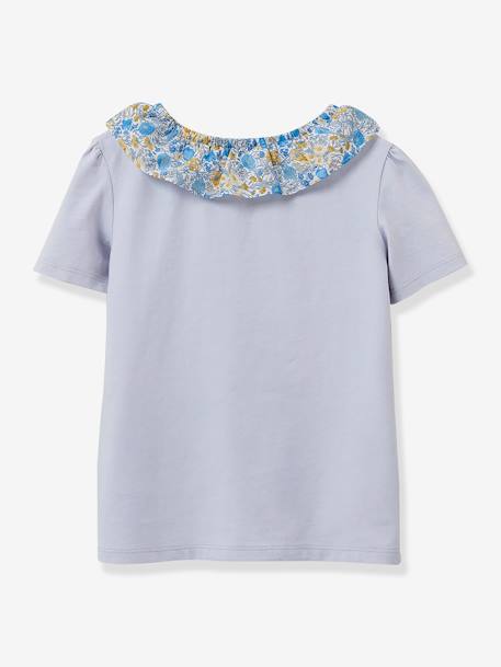 Tee-shirt fille col tissu Liberty- coton biologique CYRILLUS bleu grisé 