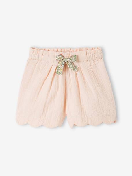 Mädchen Shorts mit Bogenkante, Musselin blau bedruckt+koralle+rosa nude 