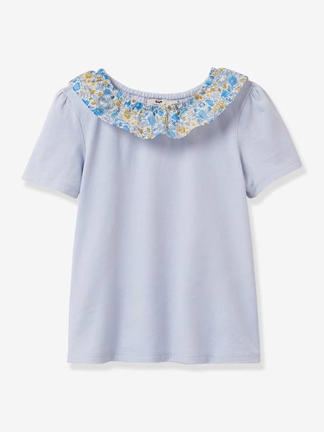 Tee-shirt fille col tissu Liberty- coton biologique CYRILLUS bleu grisé 