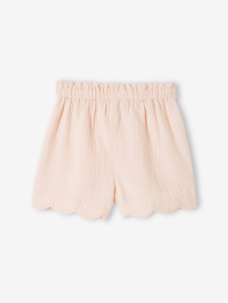 Mädchen Shorts mit Bogenkante, Musselin blau bedruckt+rosa nude 