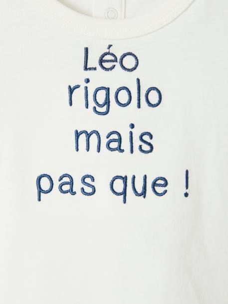 T-shirt message brodé personnalisable bébé en coton biologique bleu+écru 