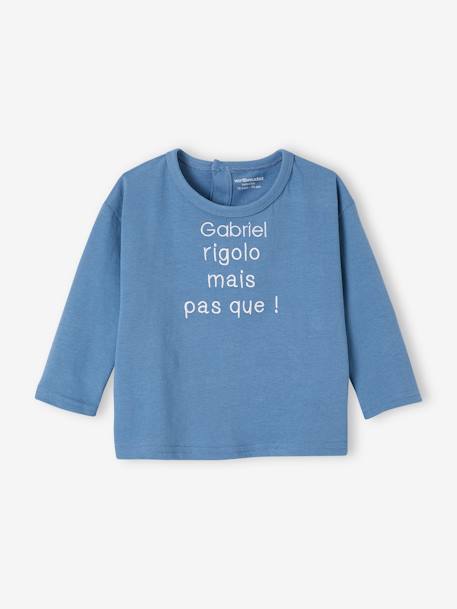 T-shirt message brodé personnalisable bébé en coton biologique bleu+écru 