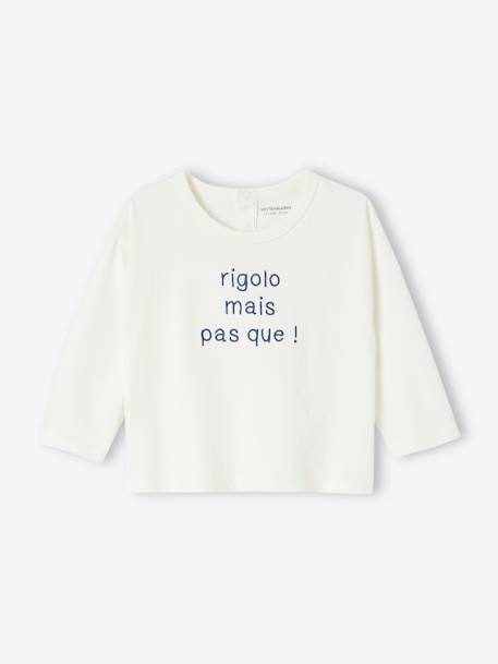 T-shirt message brodé personnalisable bébé en coton biologique bleu+écru 